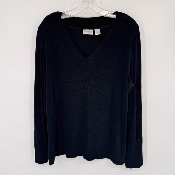 Chicos 3 Travelers Black Long Sleeve V-Neck Top Size XL Acetate Stretch USA - Picture 4 of 10